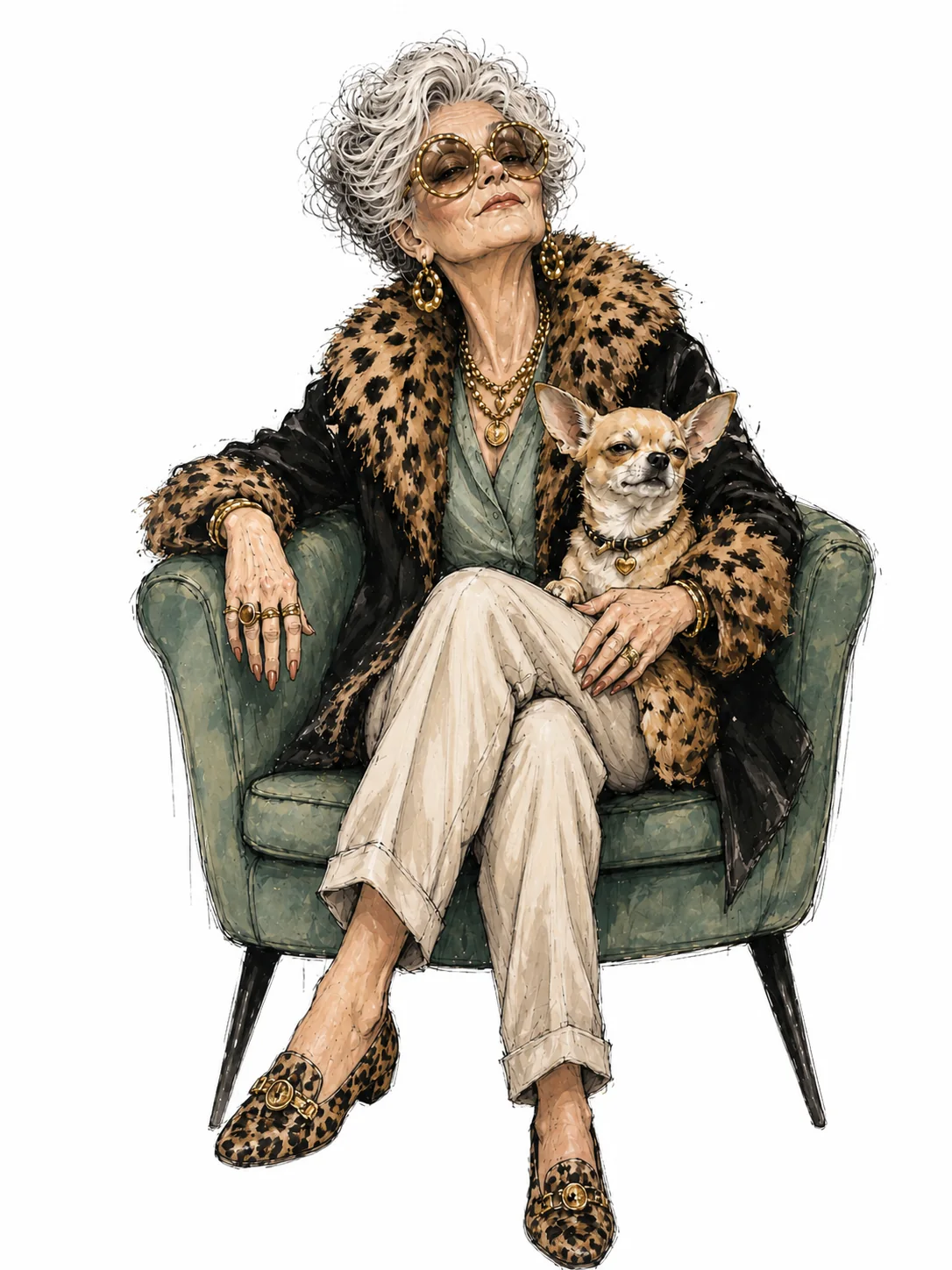 Illustrative Charakterstudie einer älteren stilbewussten Frau mit kleinem Hund