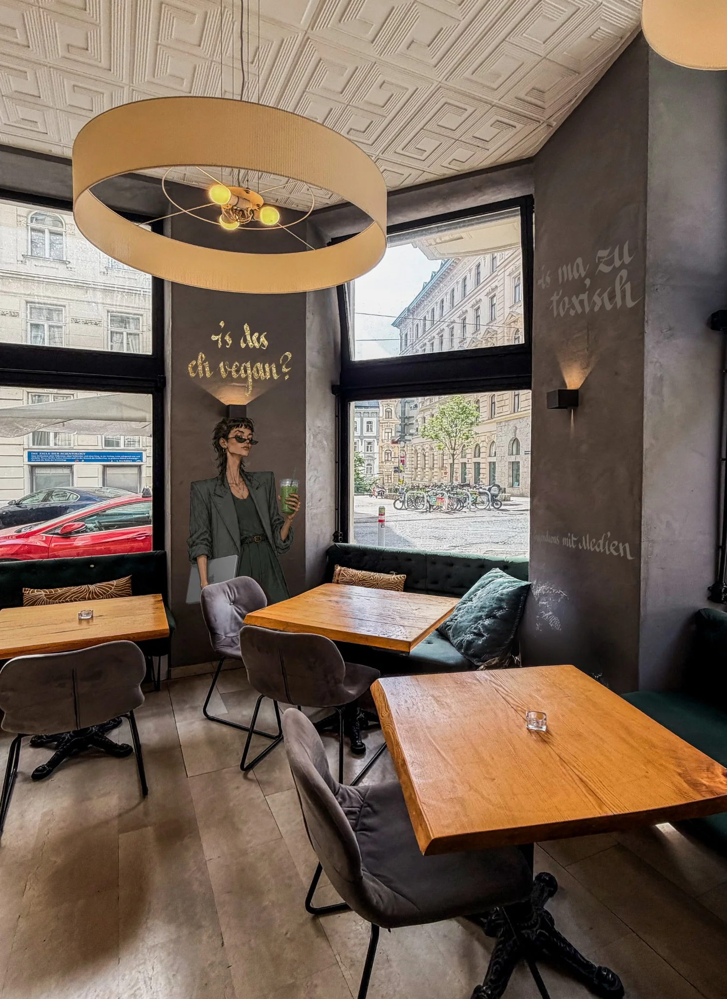 Visualisierung eines Gastronomieraums mit illustrativer Figur und typografischen Wandmotiven
