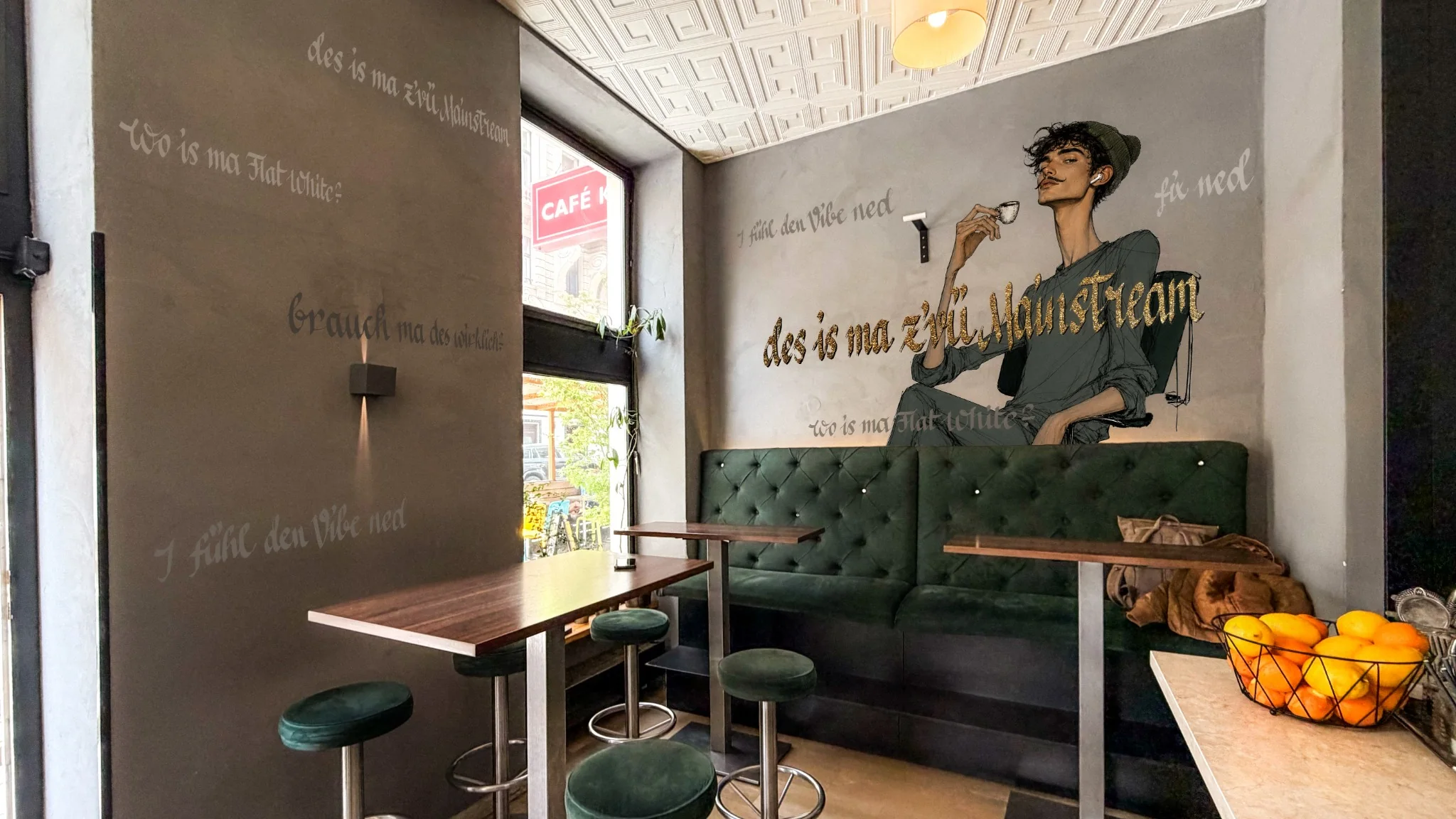 Alternative Visualisierung eines Gastronomieraums mit Figur und Schrift im Raum
