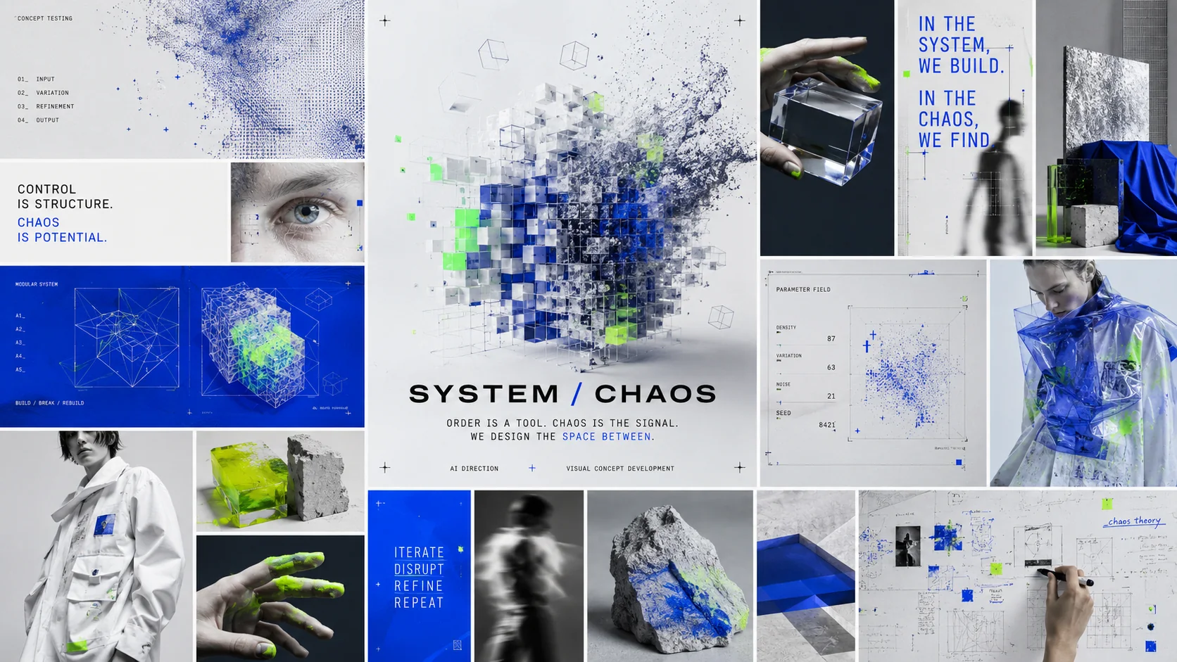 Helle experimentelle Systemstudie mit Blau, Neon-Grün, modularen Formen und Materialtests