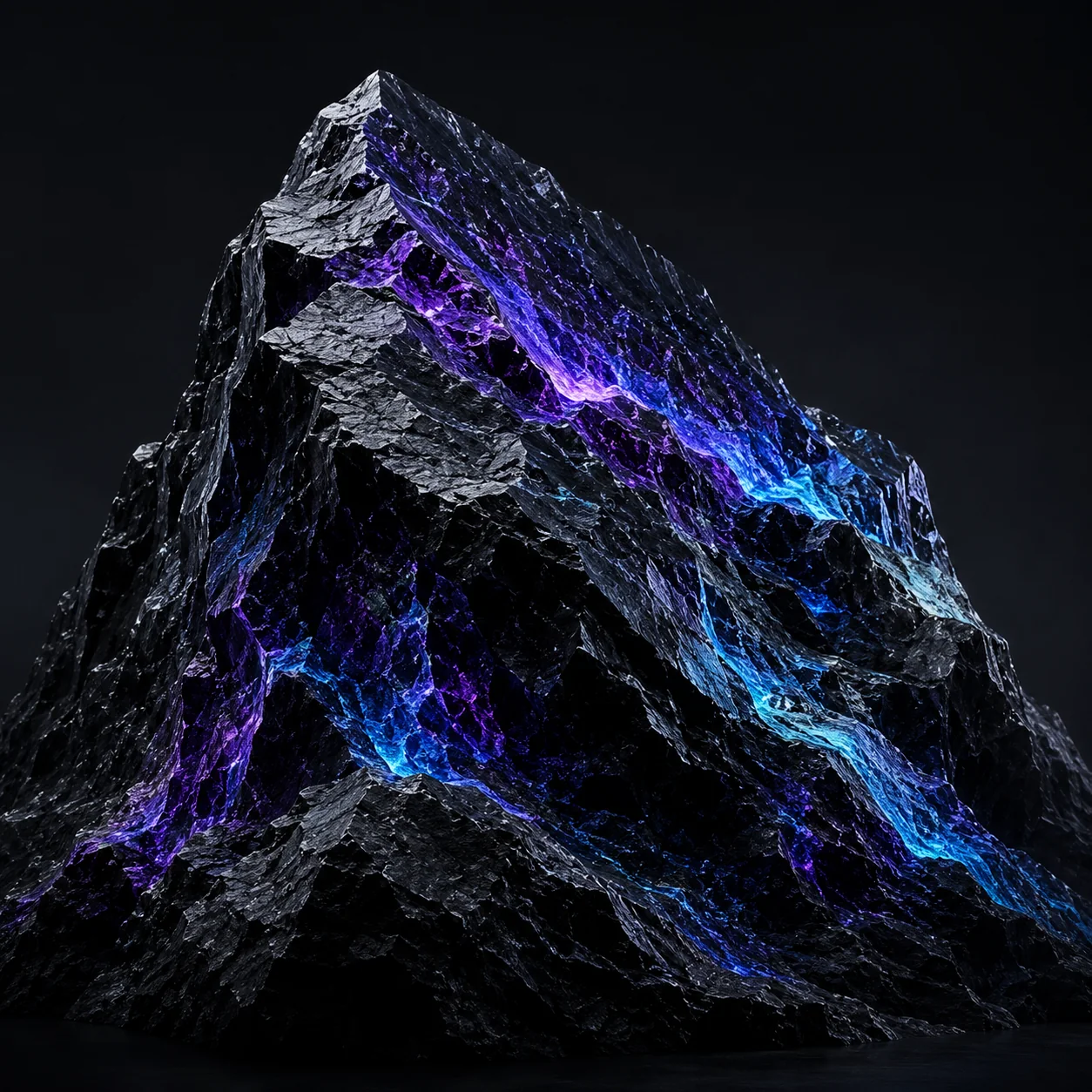 Schwarzer Felsen mit blau-violett leuchtender Struktur als visuelles Leitmotiv