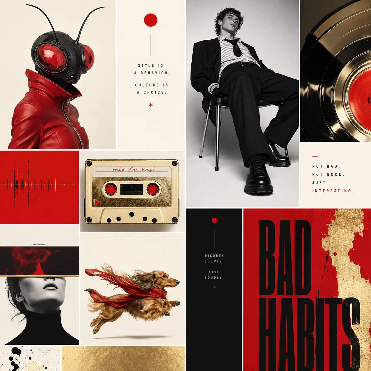 Editoriale Konzeptstudie in Rot, Creme, Schwarz und Gold