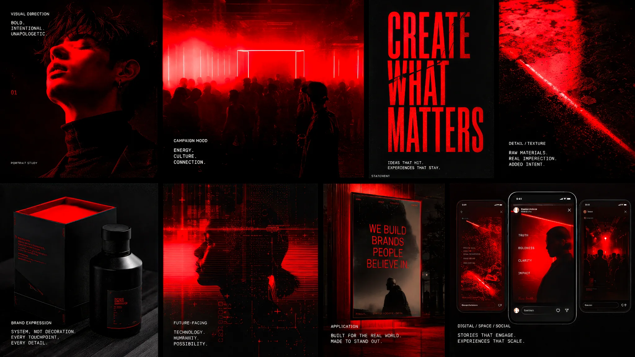 Rot-schwarze Kampagnenwelt mit Porträt, Eventraum, Typografie, Produkt und digitalen Anwendungen