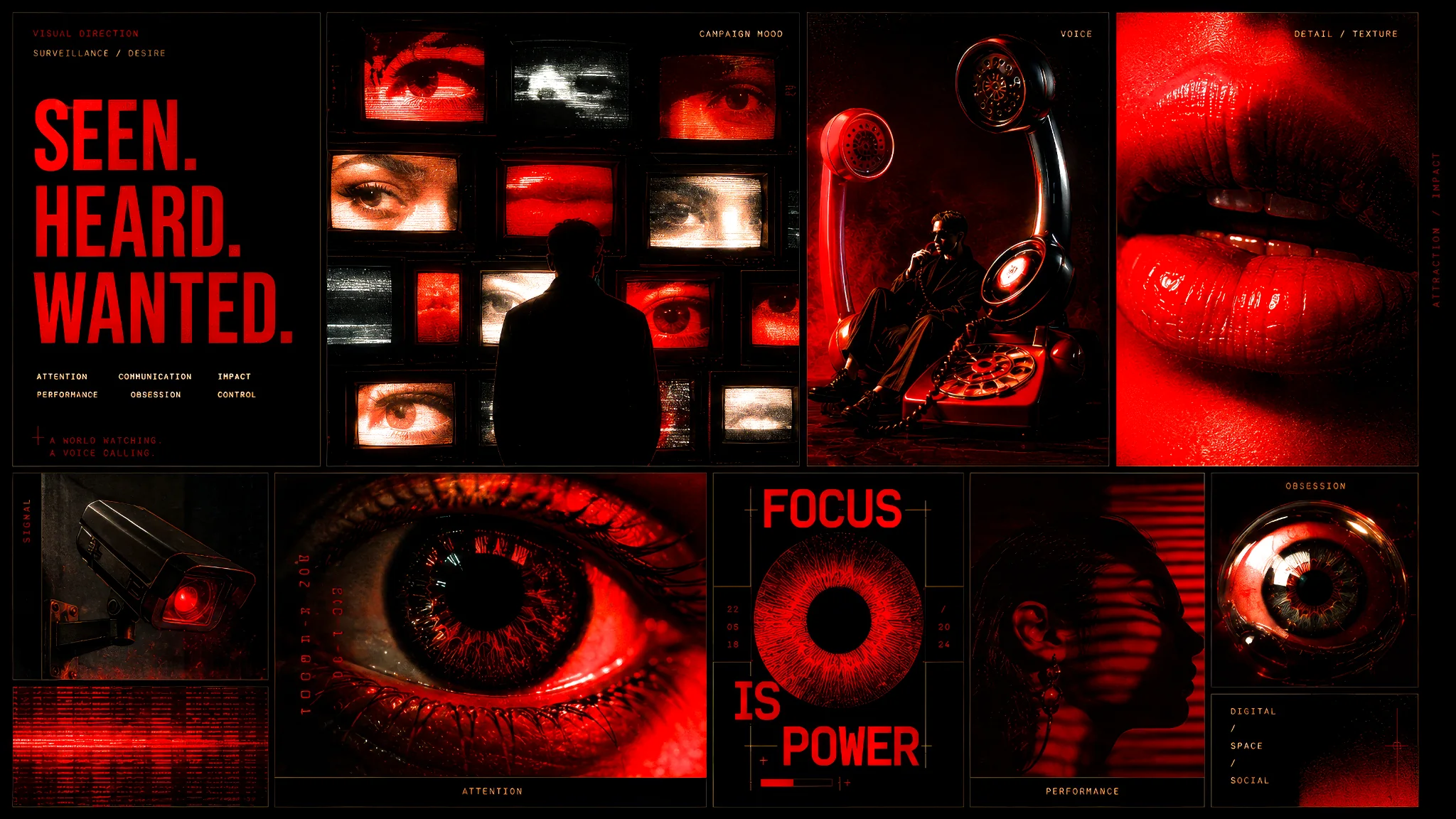 Rot-schwarze visuelle Richtungsstudie mit Augen, Überwachung, Telefon und Kampagnentypografie