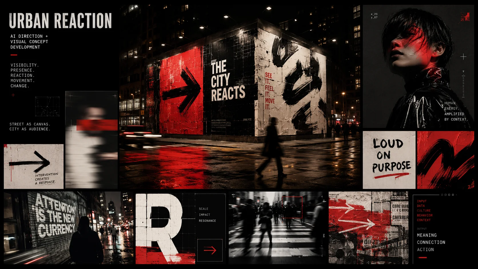 Urbane visuelle Richtungsstudie mit großformatiger Typografie und roter Intervention im öffentlichen Raum