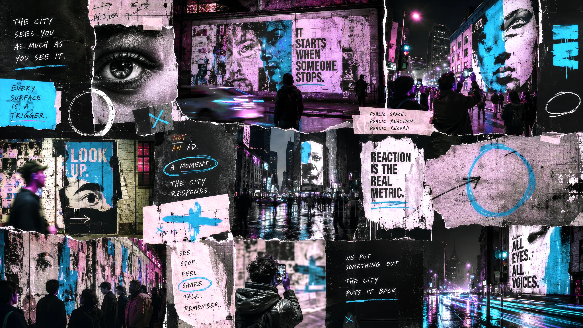 Alternative urbane Bildwelt in Schwarz, Weiß, Cyan und Violett