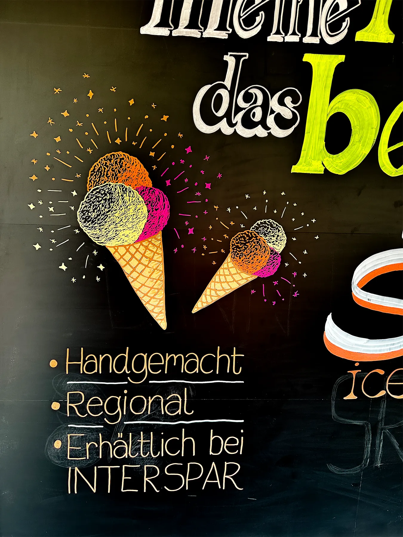 Detail einer gezeichneten Eisbecher-Illustration auf einer Außentafel