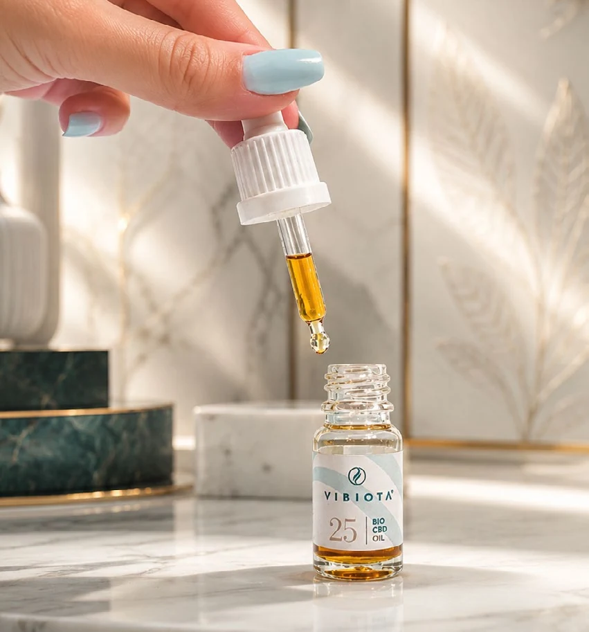 VIBIOTA CBD-Öl mit Pipette in der Anwendung