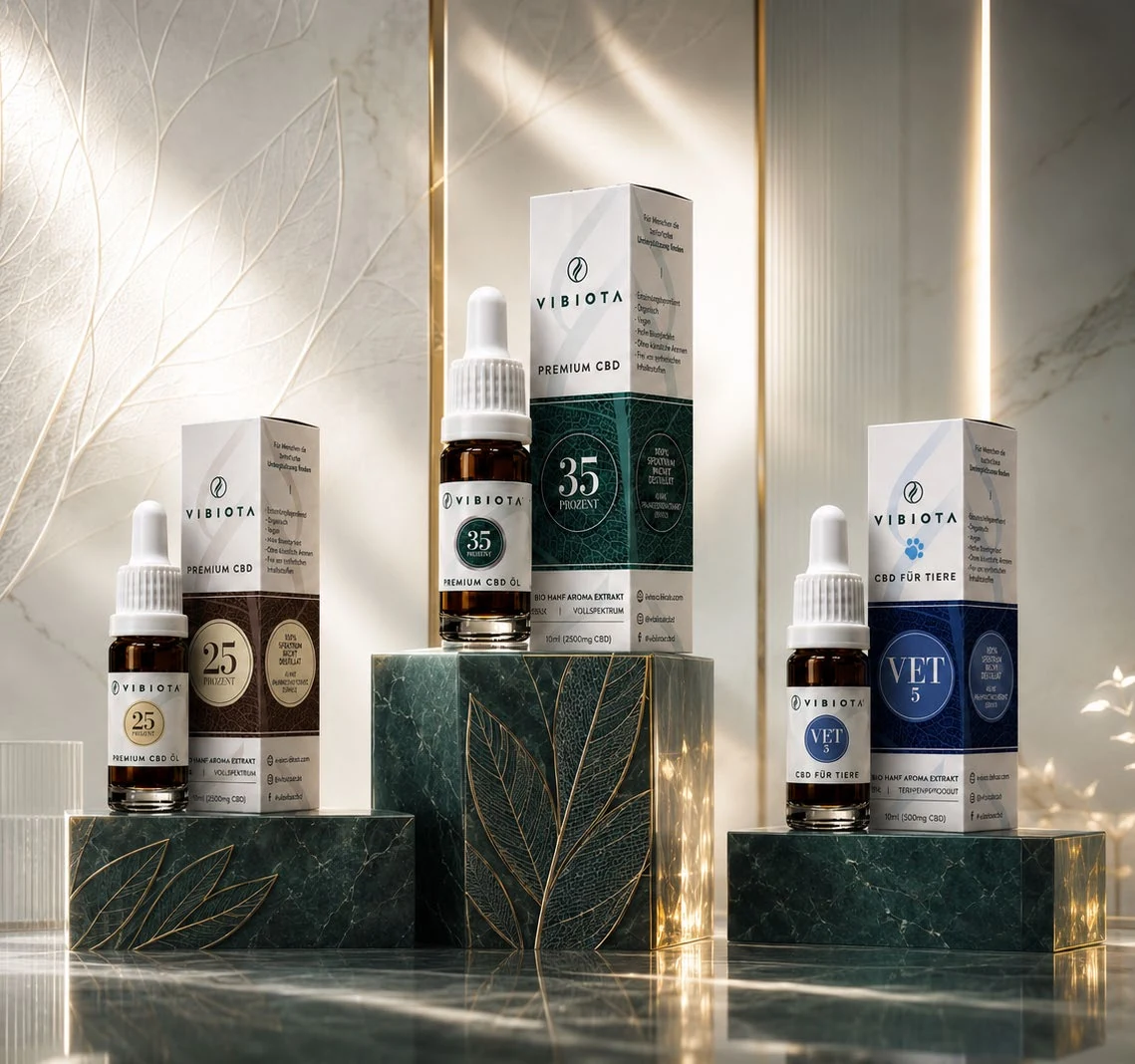 VIBIOTA Produktfamilie mit CBD-Ölen und Verpackungen